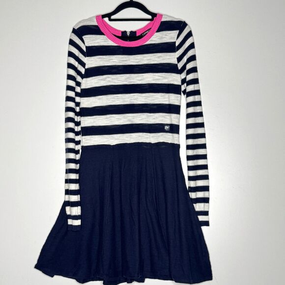 New Express Stripe Blocked Sweater Skater Dress Knit Nautical Womens Size Medium - Picture 9 of 9